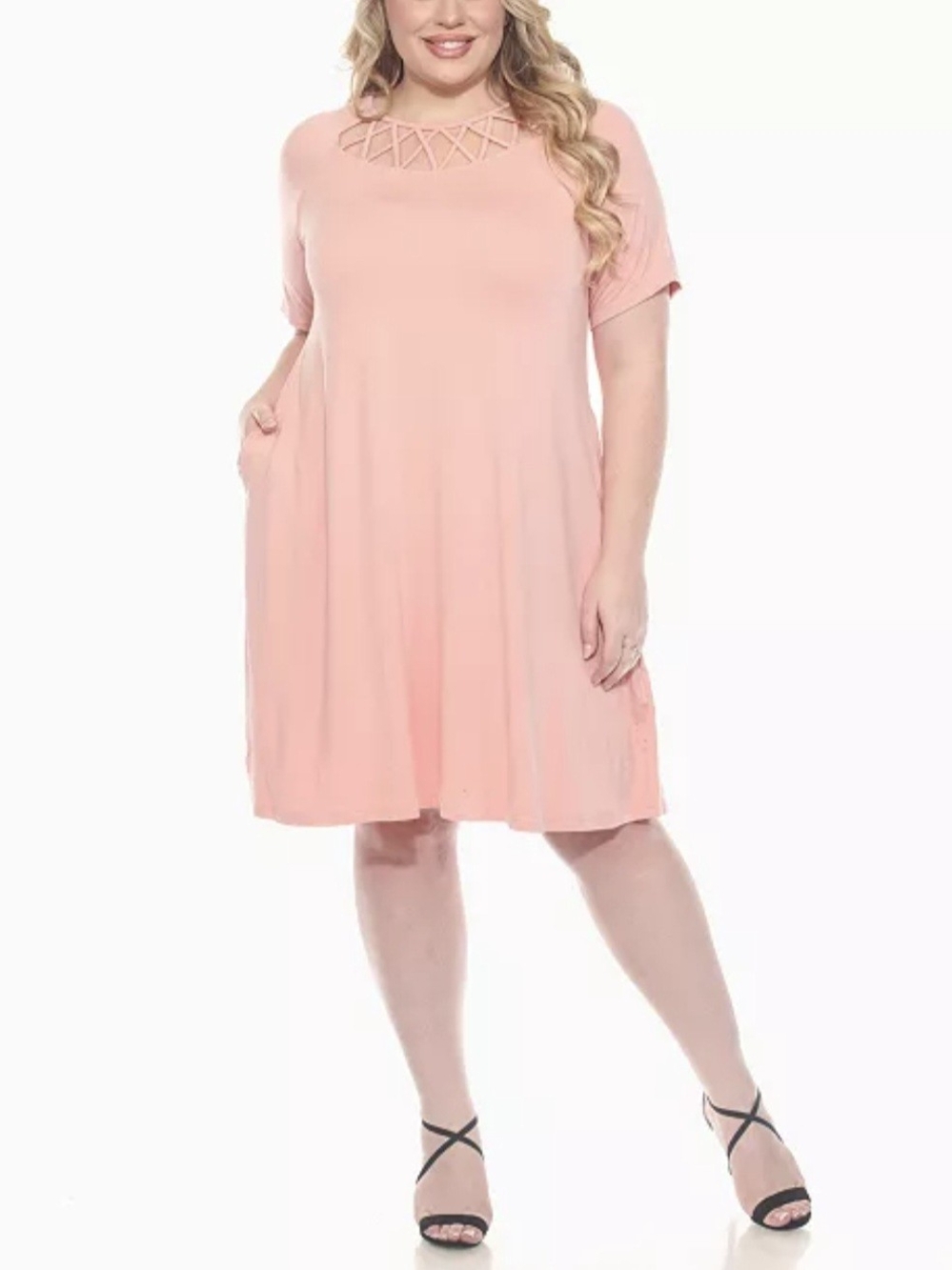White Mark Coral Pink Short Sleeve Swing Dress with Lattice Neckline